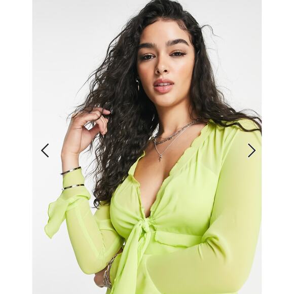 ASOS Tie Front Lettuce Edge 90s Mini Tea Dress Light Green Womens Size 2 New - Picture 3 of 13